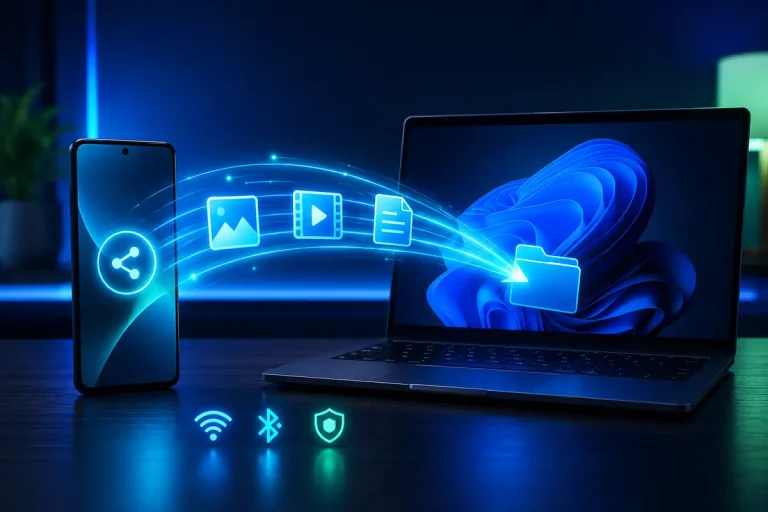 Celular e notebook mostrando como transferir arquivos do Android para o PC sem cabo.