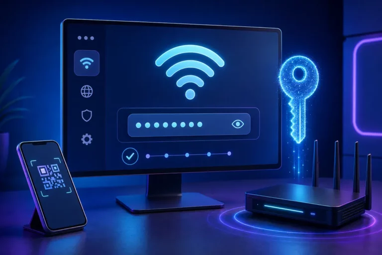 Computador exibindo campo de senha do Wi-Fi, acompanhado por chave digital, roteador e celular com código QR.