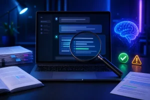 Notebook e lupa mostrando como verificar respostas da IA antes de utilizar as informações.