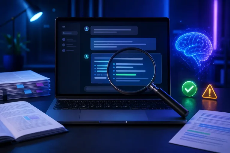 Notebook e lupa mostrando como verificar respostas da IA antes de utilizar as informações.