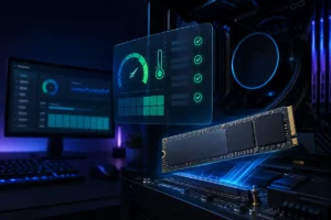 SSD NVMe com painel de diagnóstico exibindo indicadores de saúde e temperatura da unidade.