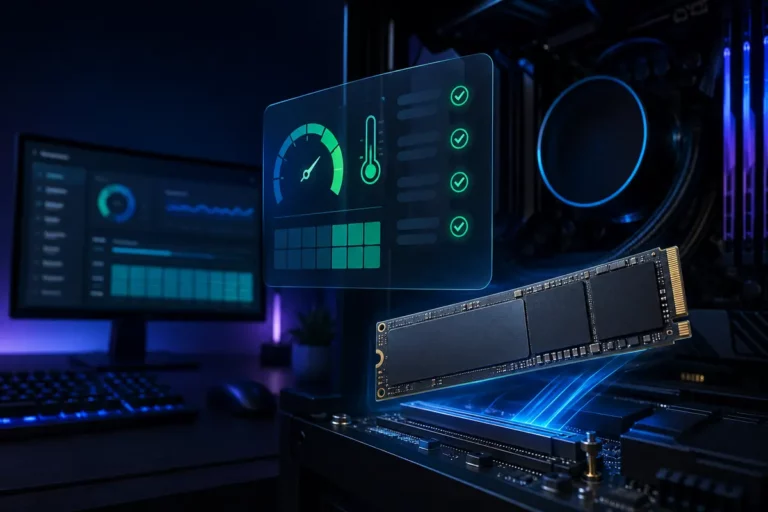 SSD NVMe com painel de diagnóstico exibindo indicadores de saúde e temperatura da unidade.