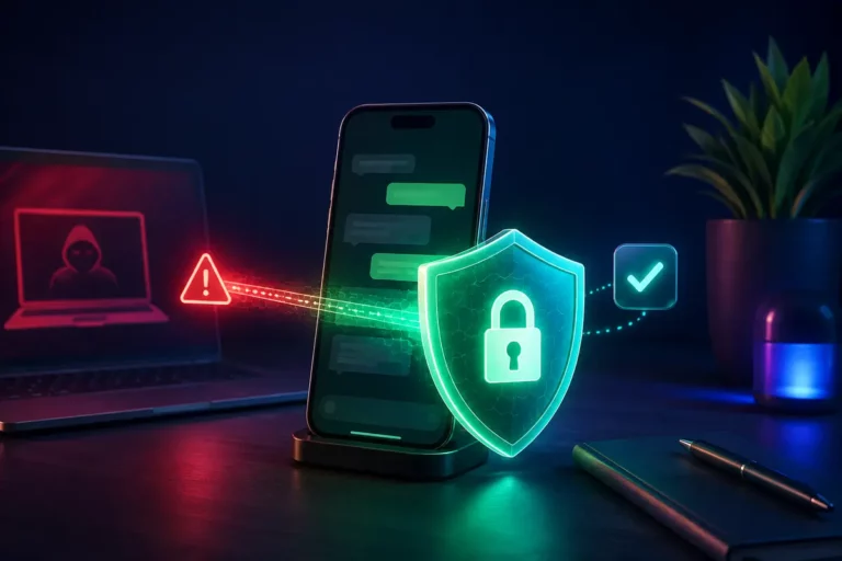 Celular protegido por escudo digital contra acesso suspeito à conta do WhatsApp.