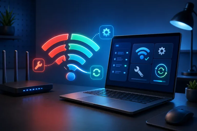 Notebook com configurações de rede ao lado de um roteador e um sinal de Wi-Fi interrompido.