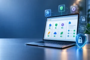 Extensões do Chrome representadas por navegador com complementos e elementos de segurança