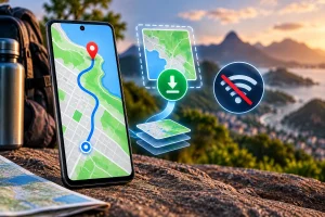 Google Maps offline representado por smartphone com mapa baixado para navegação sem internet