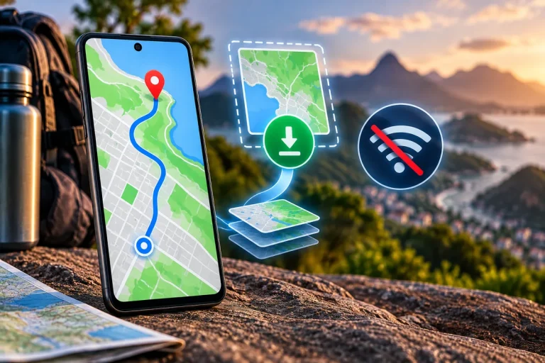 Google Maps offline representado por smartphone com mapa baixado para navegação sem internet