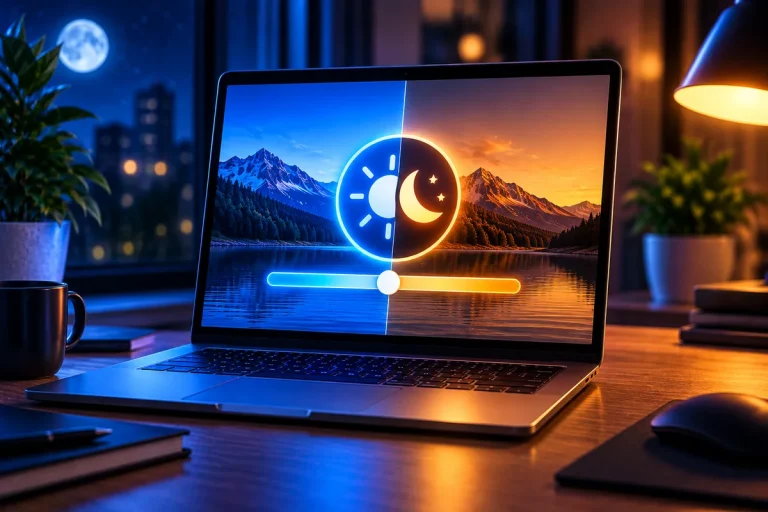 Luz noturna Windows 11 representada por notebook com tela em tons mais quentes