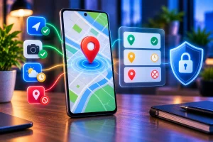 Permissões de localização no Android representadas por smartphone e controle de acesso à posição