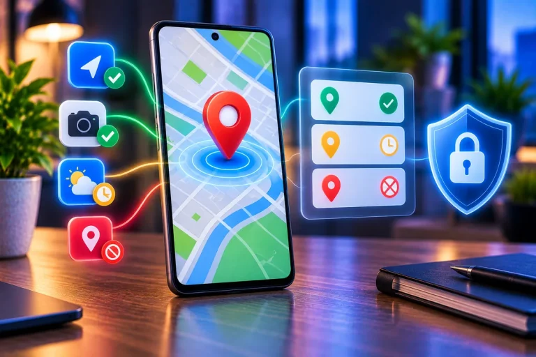 Permissões de localização no Android representadas por smartphone e controle de acesso à posição