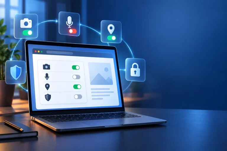 Permissões de sites representadas por navegador controlando câmera microfone e localização