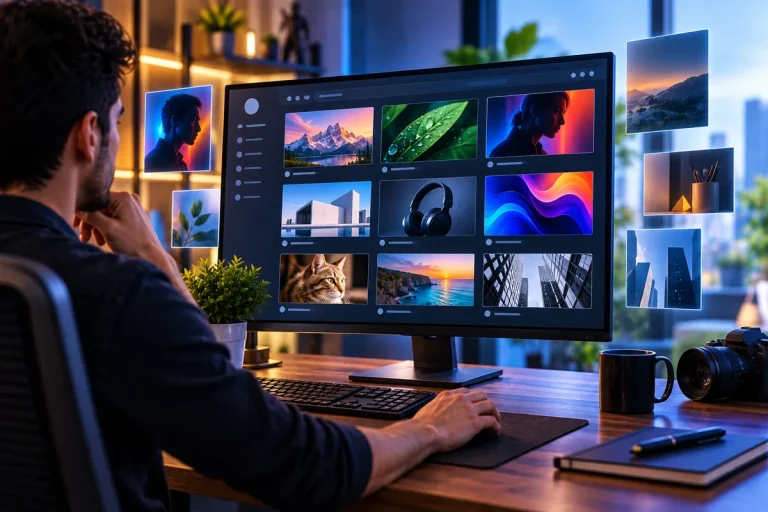 Portfólio digital exibido em computador com projetos profissionais