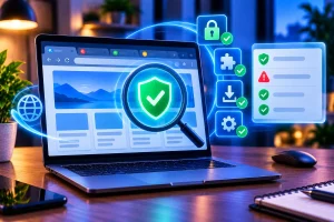 Verificação de segurança Chrome representada por navegador protegido e elementos de segurança digital