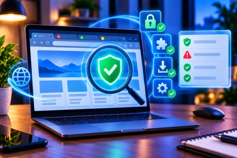 Verificação de segurança Chrome representada por navegador protegido e elementos de segurança digital