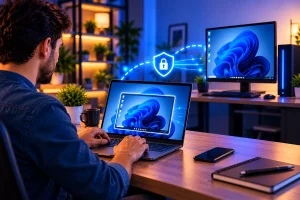Pessoa acessando remotamente outro computador com um notebook em um ambiente de trabalho moderno