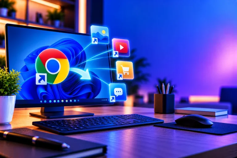 Ilustração de um computador com atalhos de sites organizados na área de trabalho