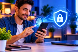 Pessoa usando a biometria do celular para acessar uma conta digital com segurança