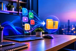 Ilustração tecnológica de arquivos digitais organizados e compactados em um arquivo ZIP no computador.