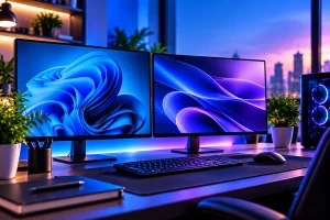 Computador com dois monitores lado a lado para ampliar a área de trabalho no Windows 11.