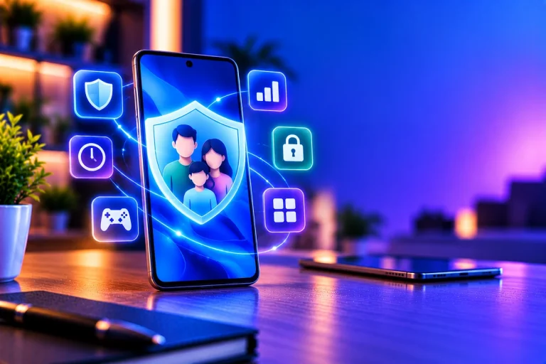 Smartphone ao lado de elementos gráficos de proteção familiar e segurança digital no Android.