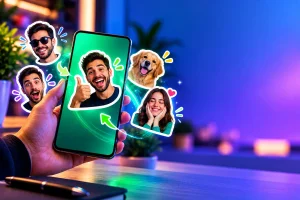 Smartphone com representações de figurinhas personalizadas criadas a partir de fotos.