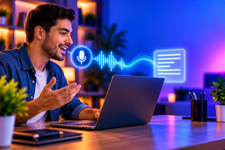 Pessoa ditando um texto para um notebook com Windows 11 usando um microfone