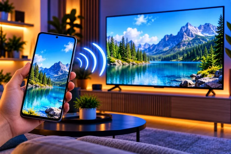 Celular Android transmitindo a tela sem fio para uma Smart TV em uma sala moderna