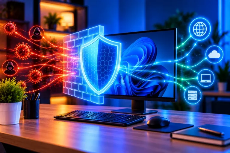 Computador com elementos visuais de firewall e proteção de rede no Windows 11