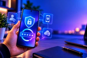 Smartphone exibindo códigos de autenticação representados por elementos digitais e símbolos de segurança.