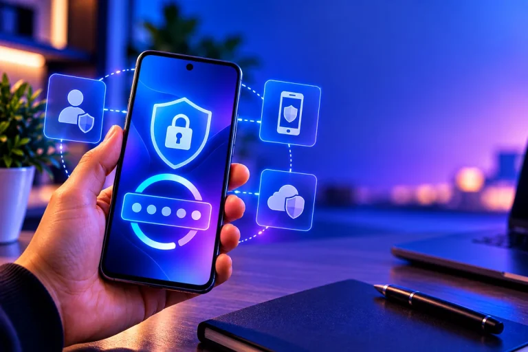 Smartphone exibindo códigos de autenticação representados por elementos digitais e símbolos de segurança.