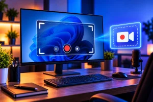 Pessoa gravando a tela de um computador com Windows 11 para criar um tutorial