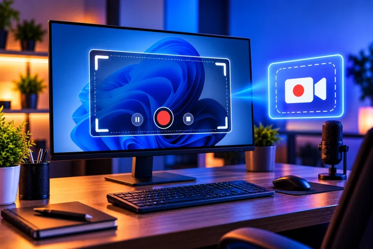 Pessoa gravando a tela de um computador com Windows 11 para criar um tutorial