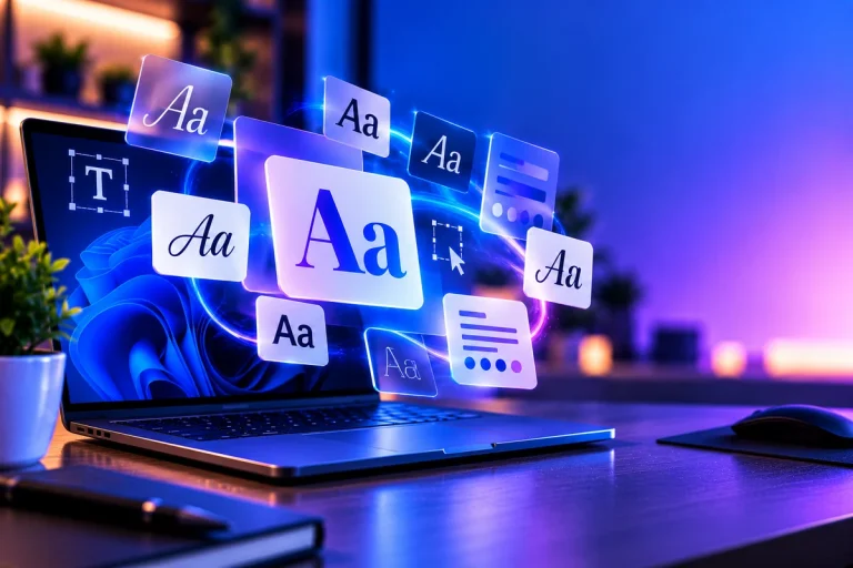 Notebook com amostras visuais de diferentes estilos de fontes tipográficas no Windows 11.