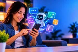 Pessoa utilizando um assistente de inteligência artificial em um smartphone para fazer perguntas e obter ideias