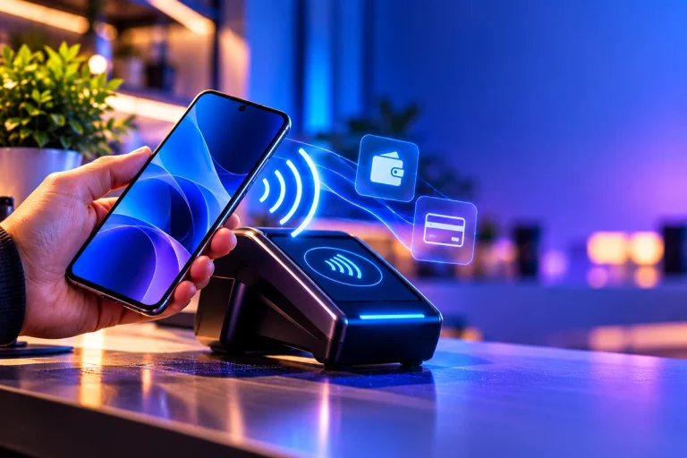 Smartphone Android sendo usado para pagamento por aproximação em um terminal de pagamento.