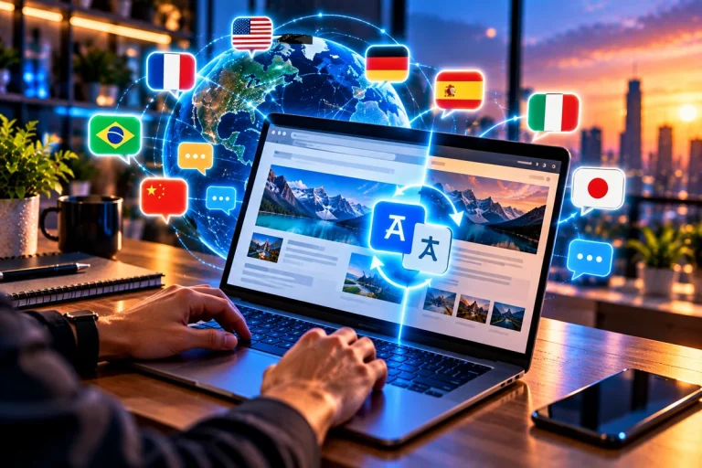 Traduzir páginas no Chrome representado por notebook exibindo um site estrangeiro e opções de idiomas